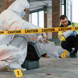  Man in white suit and protective gear kneels, holding a box. Homicide Charges. - Law Offices Of Anakalia Kaluna Sullivan